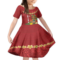 Hawaii Plumeria Lei Family Matching Short Sleeve Bodycon Dress and Hawaiian Shirt Tiki and Kakau Pattern Red Color LT03 Daughter's Dress Red - Polynesian Pride