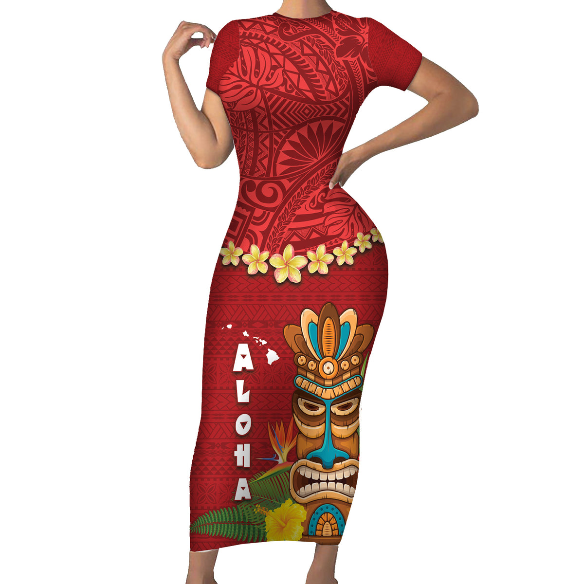 Hawaii Plumeria Lei Family Matching Short Sleeve Bodycon Dress and Hawaiian Shirt Tiki and Kakau Pattern Red Color LT03 Mom's Dress Red - Polynesian Pride