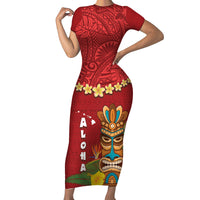 Hawaii Plumeria Lei Family Matching Short Sleeve Bodycon Dress and Hawaiian Shirt Tiki and Kakau Pattern Red Color LT03 Mom's Dress Red - Polynesian Pride