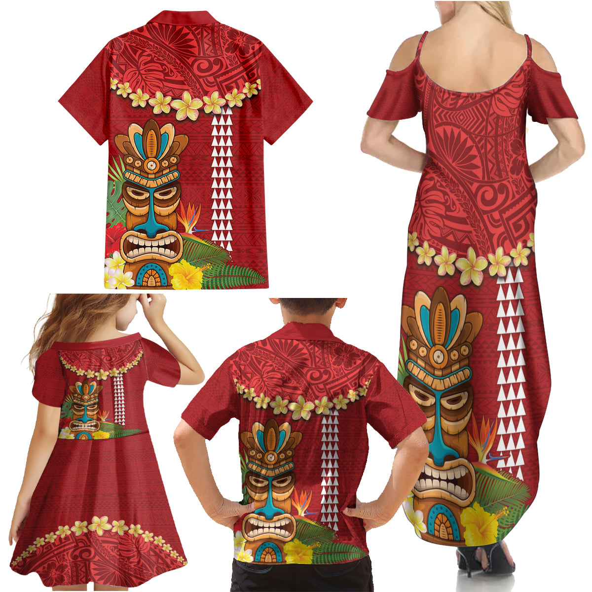 Hawaii Plumeria Lei Family Matching Summer Maxi Dress and Hawaiian Shirt Tiki and Kakau Pattern Red Color LT03 - Polynesian Pride