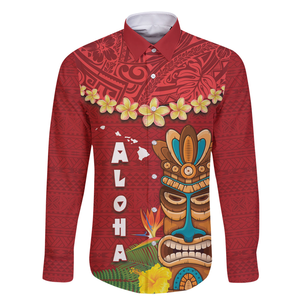 Hawaii Plumeria Lei Family Matching Summer Maxi Dress and Hawaiian Shirt Tiki and Kakau Pattern Red Color LT03 Dad's Shirt - Long Sleeve Red - Polynesian Pride