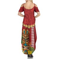 Hawaii Plumeria Lei Family Matching Summer Maxi Dress and Hawaiian Shirt Tiki and Kakau Pattern Red Color LT03 - Polynesian Pride