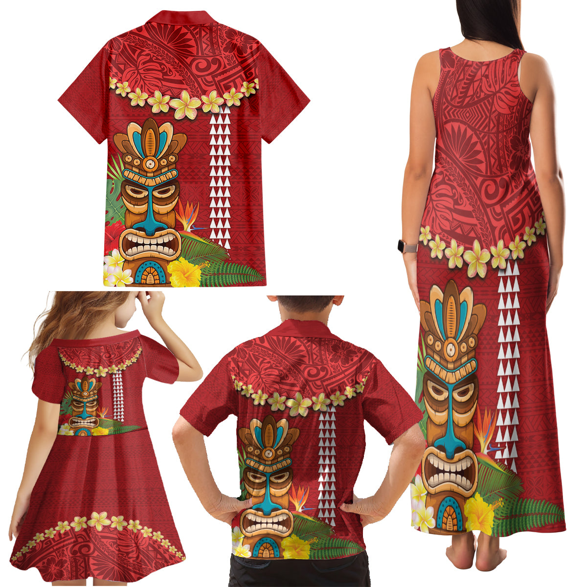 Hawaii Plumeria Lei Family Matching Tank Maxi Dress and Hawaiian Shirt Tiki and Kakau Pattern Red Color LT03 - Polynesian Pride