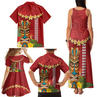 Hawaii Plumeria Lei Family Matching Tank Maxi Dress and Hawaiian Shirt Tiki and Kakau Pattern Red Color LT03 - Polynesian Pride