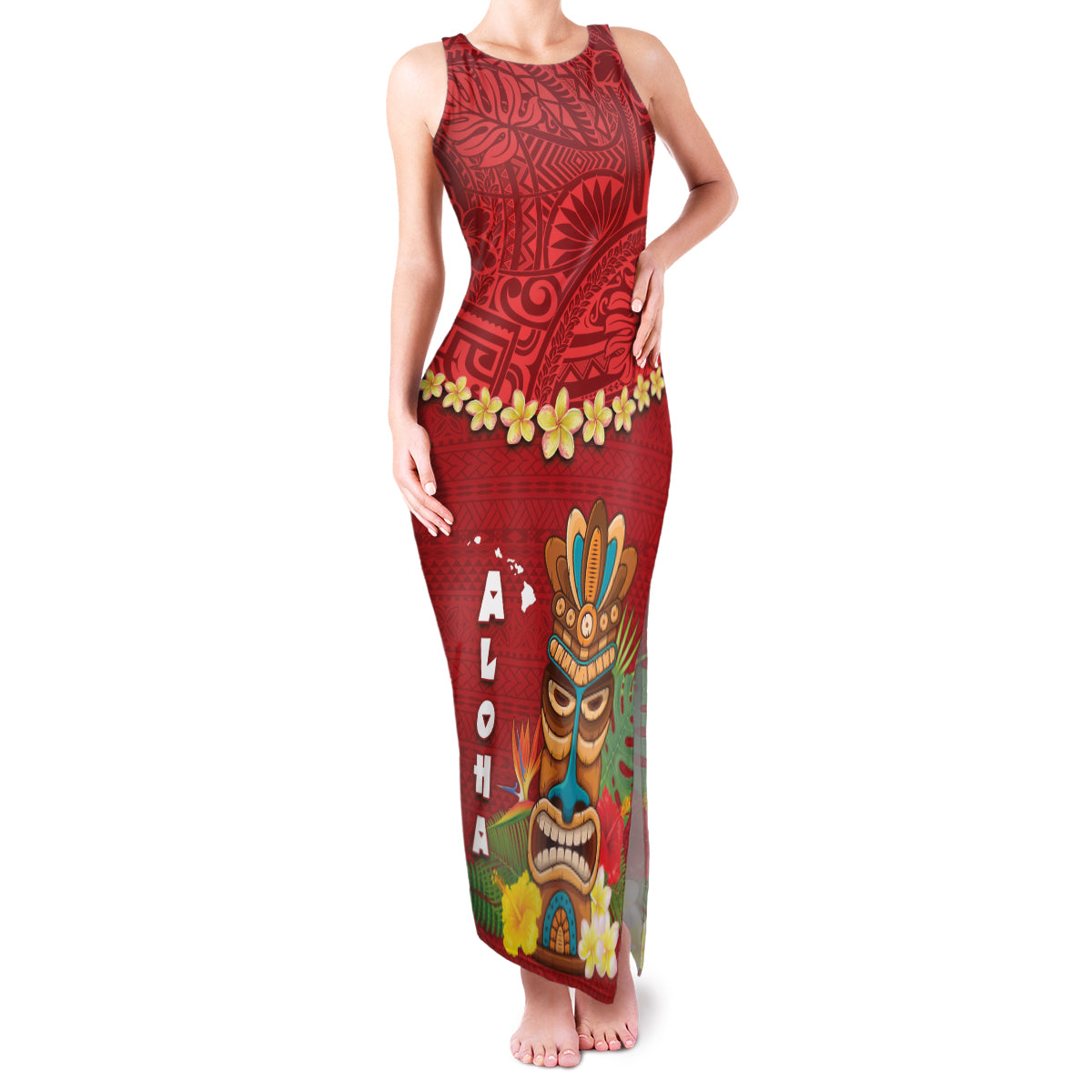Hawaii Plumeria Lei Family Matching Tank Maxi Dress and Hawaiian Shirt Tiki and Kakau Pattern Red Color LT03 Mom's Dress Red - Polynesian Pride