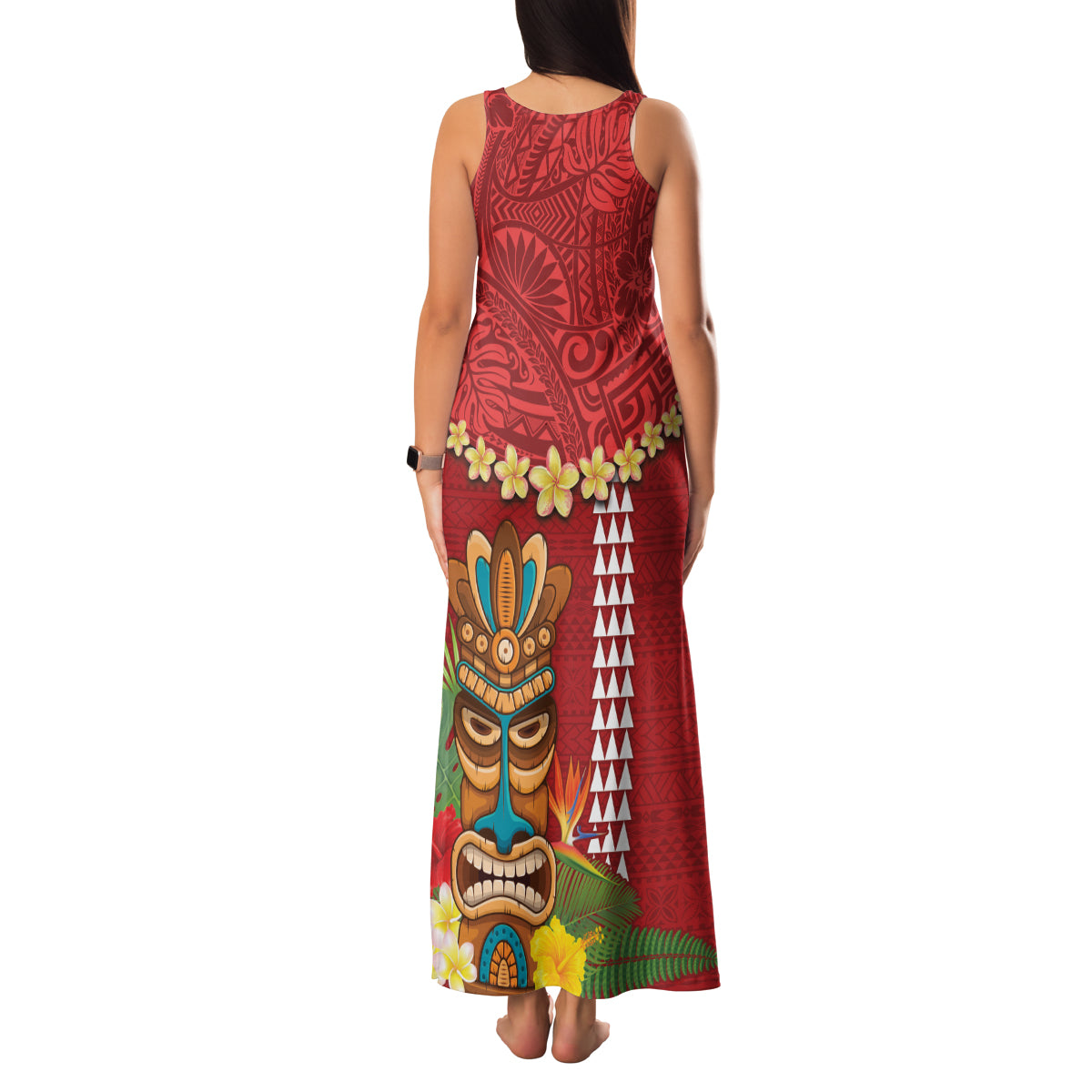 Hawaii Plumeria Lei Family Matching Tank Maxi Dress and Hawaiian Shirt Tiki and Kakau Pattern Red Color LT03 - Polynesian Pride