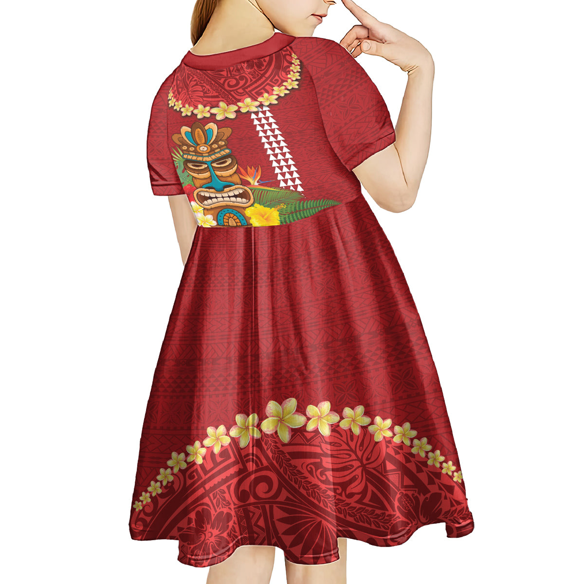 Hawaii Plumeria Lei Kid Short Sleeve Dress Tiki and Kakau Pattern Red Color