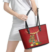 Hawaii Plumeria Lei Leather Tote Bag Tiki and Kakau Pattern Red Color