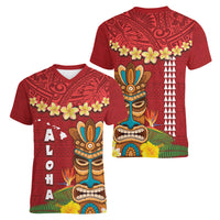 Hawaii Plumeria Lei Women V-Neck T-Shirt Tiki and Kakau Pattern Red Color