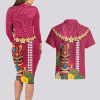 Hawaii Plumeria Lei Couples Matching Long Sleeve Bodycon Dress and Hawaiian Shirt Tiki and Kakau Pattern Pink Color LT03 - Polynesian Pride