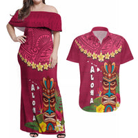 Hawaii Plumeria Lei Couples Matching Off Shoulder Maxi Dress and Hawaiian Shirt Tiki and Kakau Pattern Pink Color
