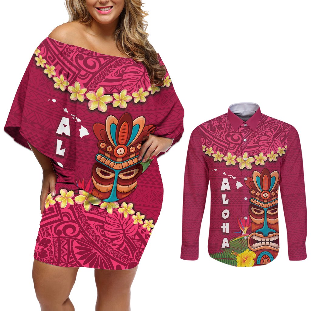 Hawaii Plumeria Lei Couples Matching Off Shoulder Short Dress and Long Sleeve Button Shirt Tiki and Kakau Pattern Pink Color