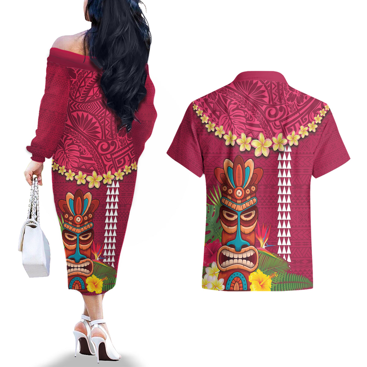 Hawaii Plumeria Lei Couples Matching Off The Shoulder Long Sleeve Dress and Hawaiian Shirt Tiki and Kakau Pattern Pink Color LT03 - Polynesian Pride