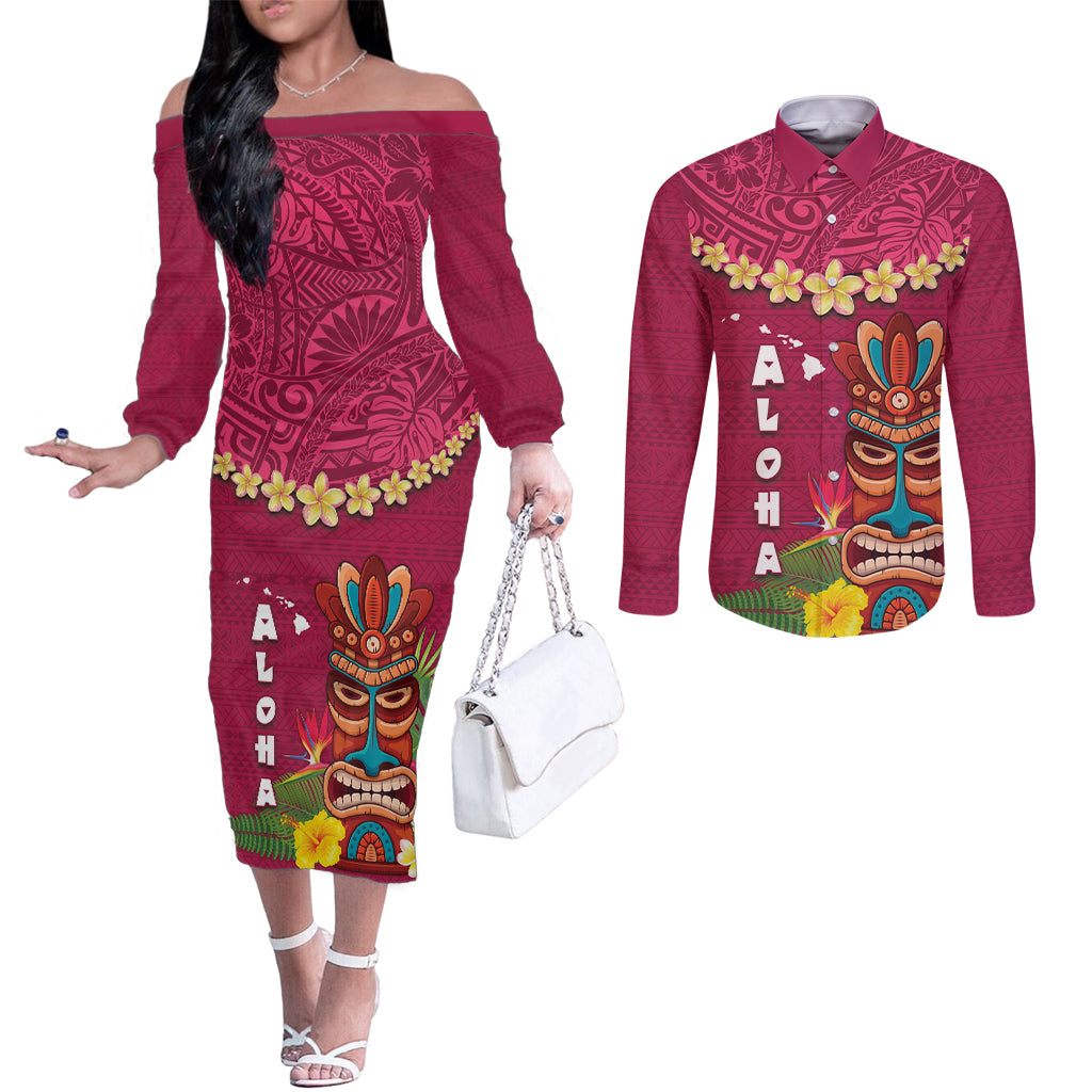 Hawaii Plumeria Lei Couples Matching Off The Shoulder Long Sleeve Dress and Long Sleeve Button Shirt Tiki and Kakau Pattern Pink Color