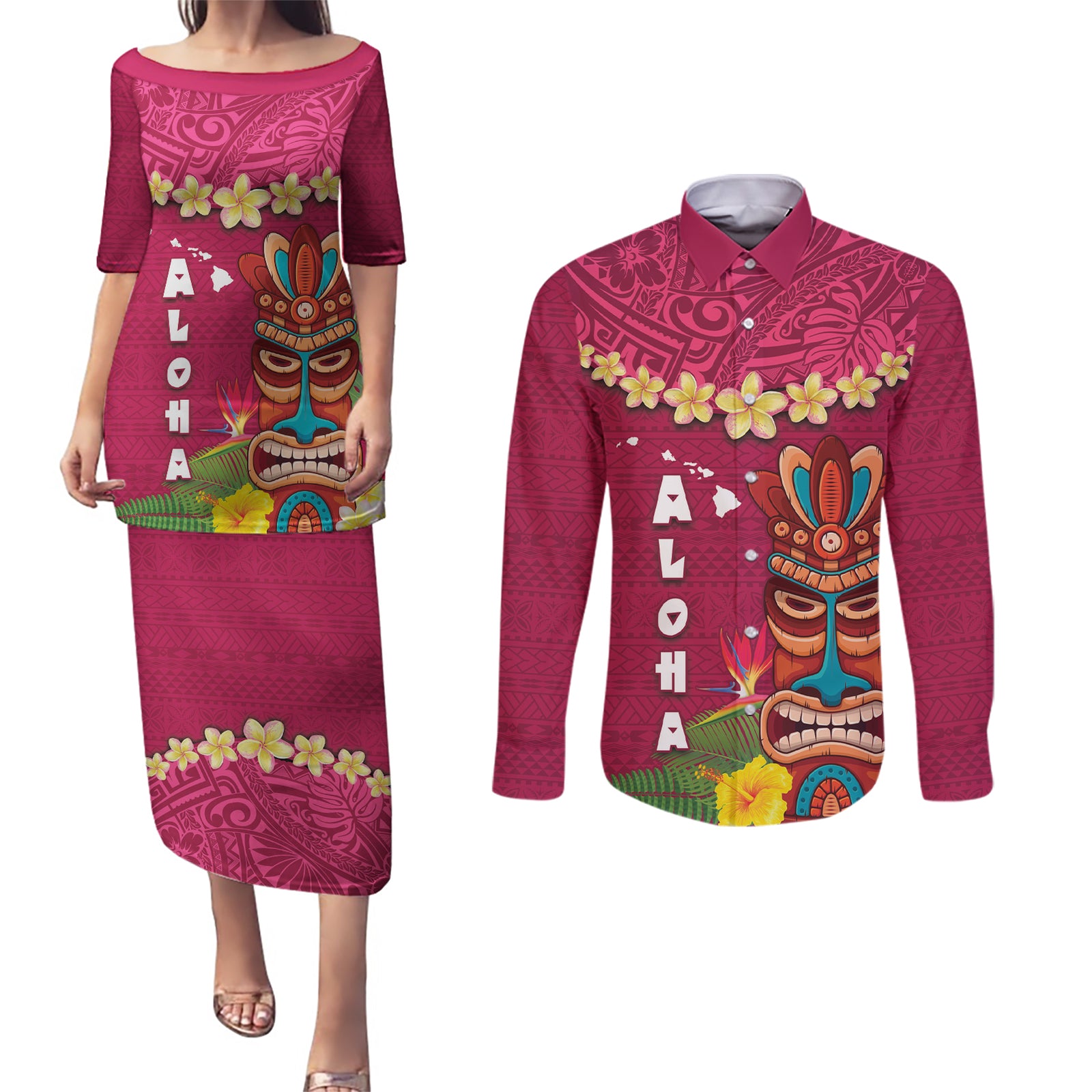Hawaii Plumeria Lei Couples Matching Puletasi and Long Sleeve Button Shirt Tiki and Kakau Pattern Pink Color