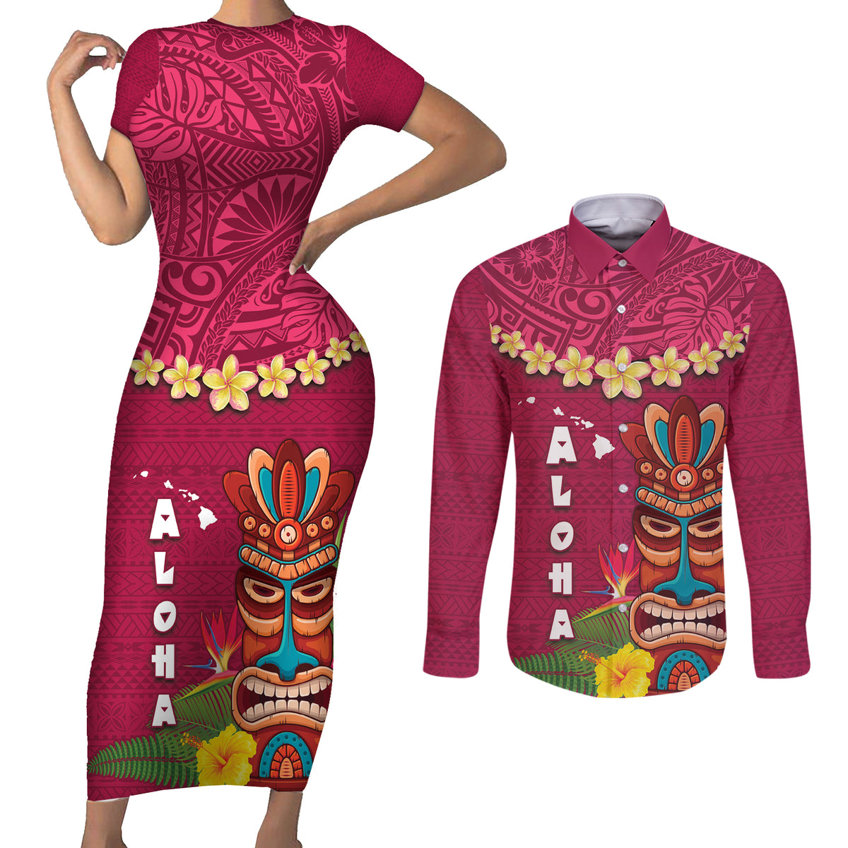 Hawaii Plumeria Lei Couples Matching Short Sleeve Bodycon Dress and Long Sleeve Button Shirt Tiki and Kakau Pattern Pink Color