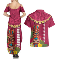 Hawaii Plumeria Lei Couples Matching Summer Maxi Dress and Hawaiian Shirt Tiki and Kakau Pattern Pink Color