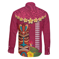 Hawaii Plumeria Lei Family Matching Long Sleeve Bodycon Dress and Hawaiian Shirt Tiki and Kakau Pattern Pink Color LT03 - Polynesian Pride