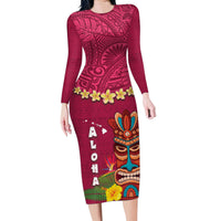 Hawaii Plumeria Lei Family Matching Long Sleeve Bodycon Dress and Hawaiian Shirt Tiki and Kakau Pattern Pink Color LT03 Mom's Dress Pink - Polynesian Pride