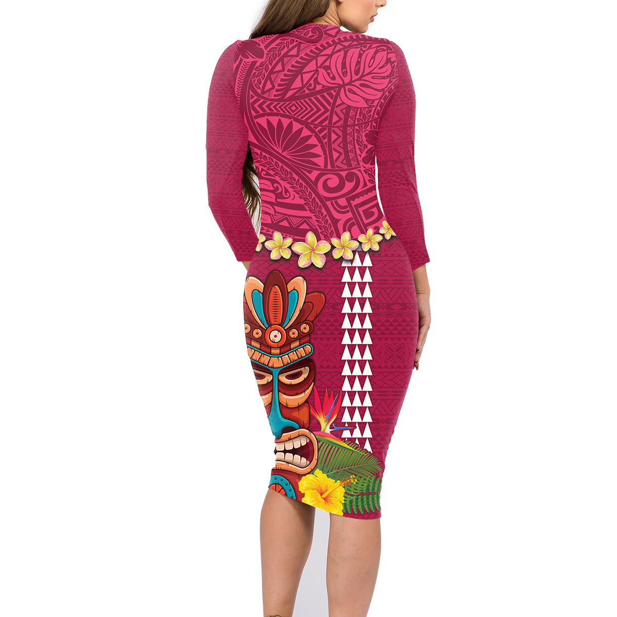 Hawaii Plumeria Lei Family Matching Long Sleeve Bodycon Dress and Hawaiian Shirt Tiki and Kakau Pattern Pink Color LT03 - Polynesian Pride