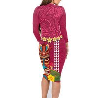 Hawaii Plumeria Lei Family Matching Long Sleeve Bodycon Dress and Hawaiian Shirt Tiki and Kakau Pattern Pink Color LT03 - Polynesian Pride