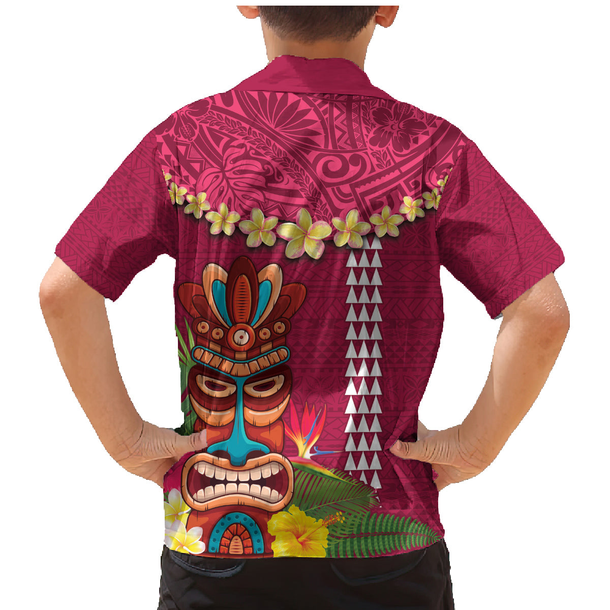 Hawaii Plumeria Lei Family Matching Mermaid Dress and Hawaiian Shirt Tiki and Kakau Pattern Pink Color LT03 - Polynesian Pride
