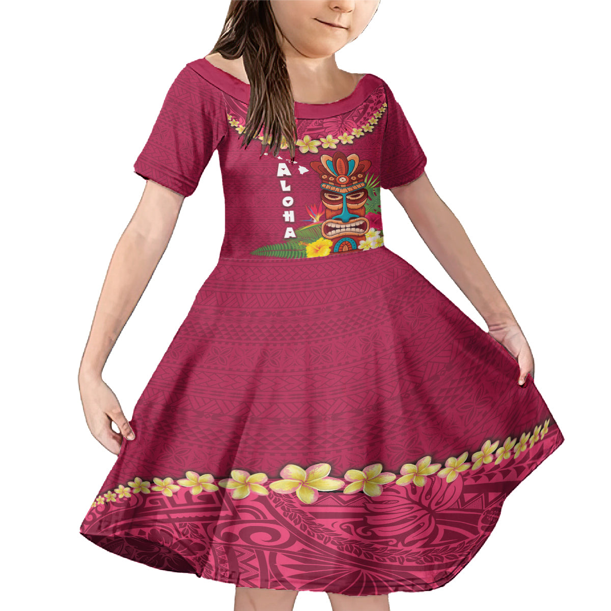 Hawaii Plumeria Lei Family Matching Mermaid Dress and Hawaiian Shirt Tiki and Kakau Pattern Pink Color LT03 Daughter's Dress Pink - Polynesian Pride
