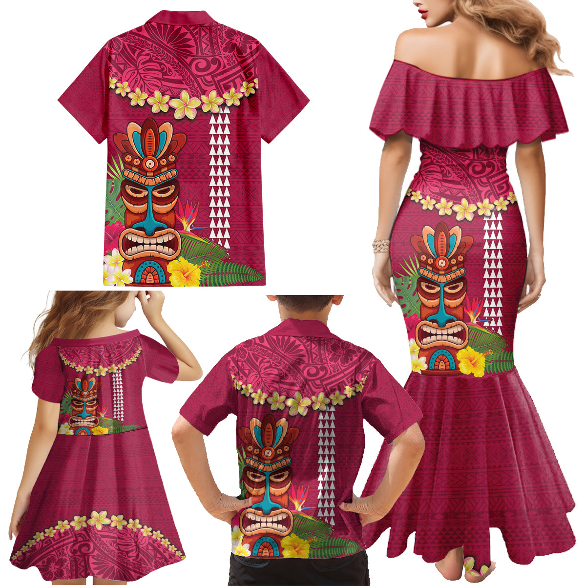 Hawaii Plumeria Lei Family Matching Mermaid Dress and Hawaiian Shirt Tiki and Kakau Pattern Pink Color LT03 - Polynesian Pride