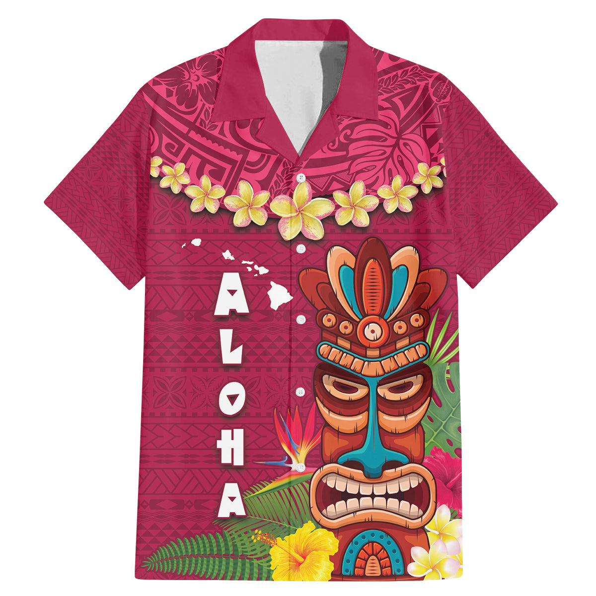 Hawaii Plumeria Lei Family Matching Mermaid Dress and Hawaiian Shirt Tiki and Kakau Pattern Pink Color LT03 Dad's Shirt - Short Sleeve Pink - Polynesian Pride