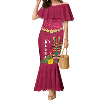 Hawaii Plumeria Lei Family Matching Mermaid Dress and Hawaiian Shirt Tiki and Kakau Pattern Pink Color LT03 Mom's Dress Pink - Polynesian Pride
