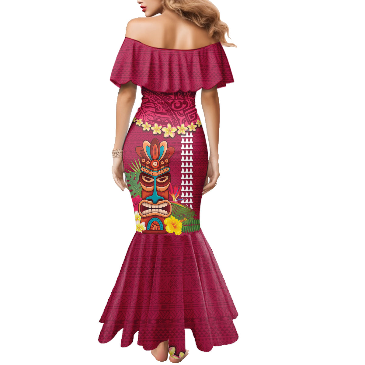 Hawaii Plumeria Lei Family Matching Mermaid Dress and Hawaiian Shirt Tiki and Kakau Pattern Pink Color LT03 - Polynesian Pride