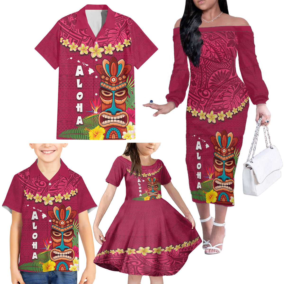 Hawaii Plumeria Lei Family Matching Off The Shoulder Long Sleeve Dress and Hawaiian Shirt Tiki and Kakau Pattern Pink Color LT03 - Polynesian Pride