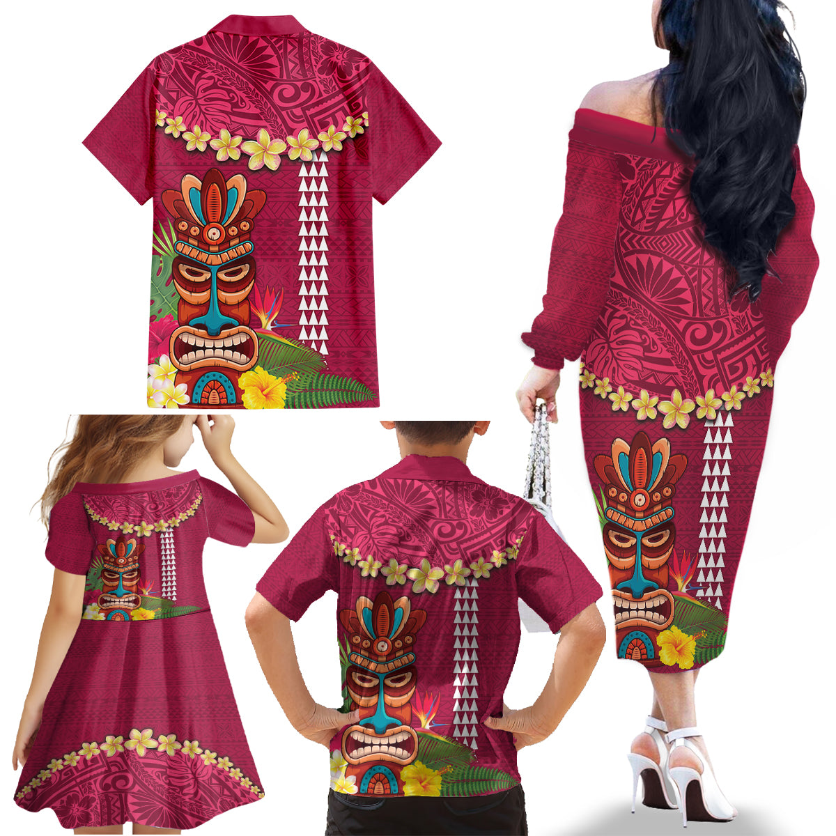 Hawaii Plumeria Lei Family Matching Off The Shoulder Long Sleeve Dress and Hawaiian Shirt Tiki and Kakau Pattern Pink Color LT03 - Polynesian Pride