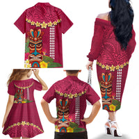 Hawaii Plumeria Lei Family Matching Off The Shoulder Long Sleeve Dress and Hawaiian Shirt Tiki and Kakau Pattern Pink Color LT03 - Polynesian Pride