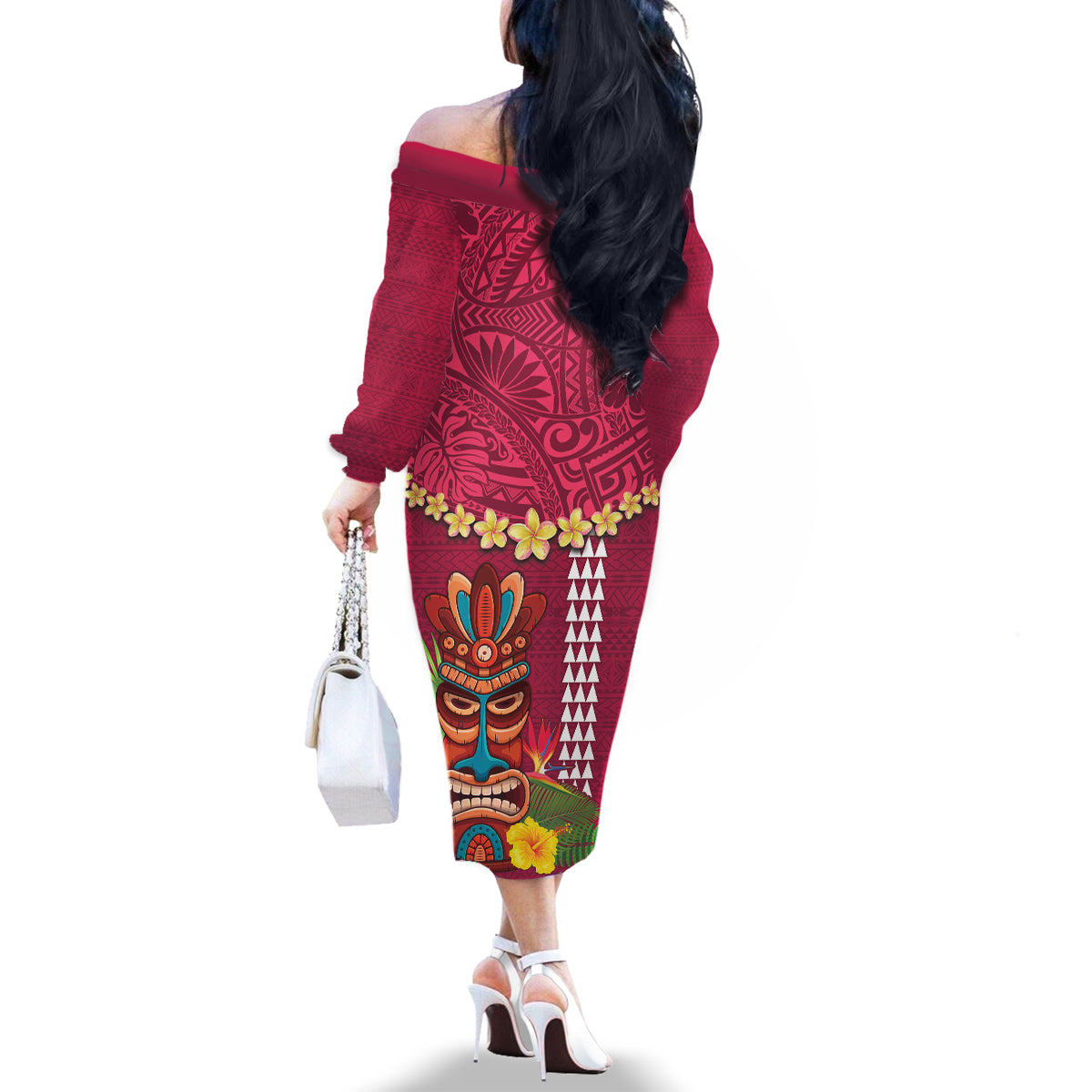 Hawaii Plumeria Lei Family Matching Off The Shoulder Long Sleeve Dress and Hawaiian Shirt Tiki and Kakau Pattern Pink Color LT03 - Polynesian Pride
