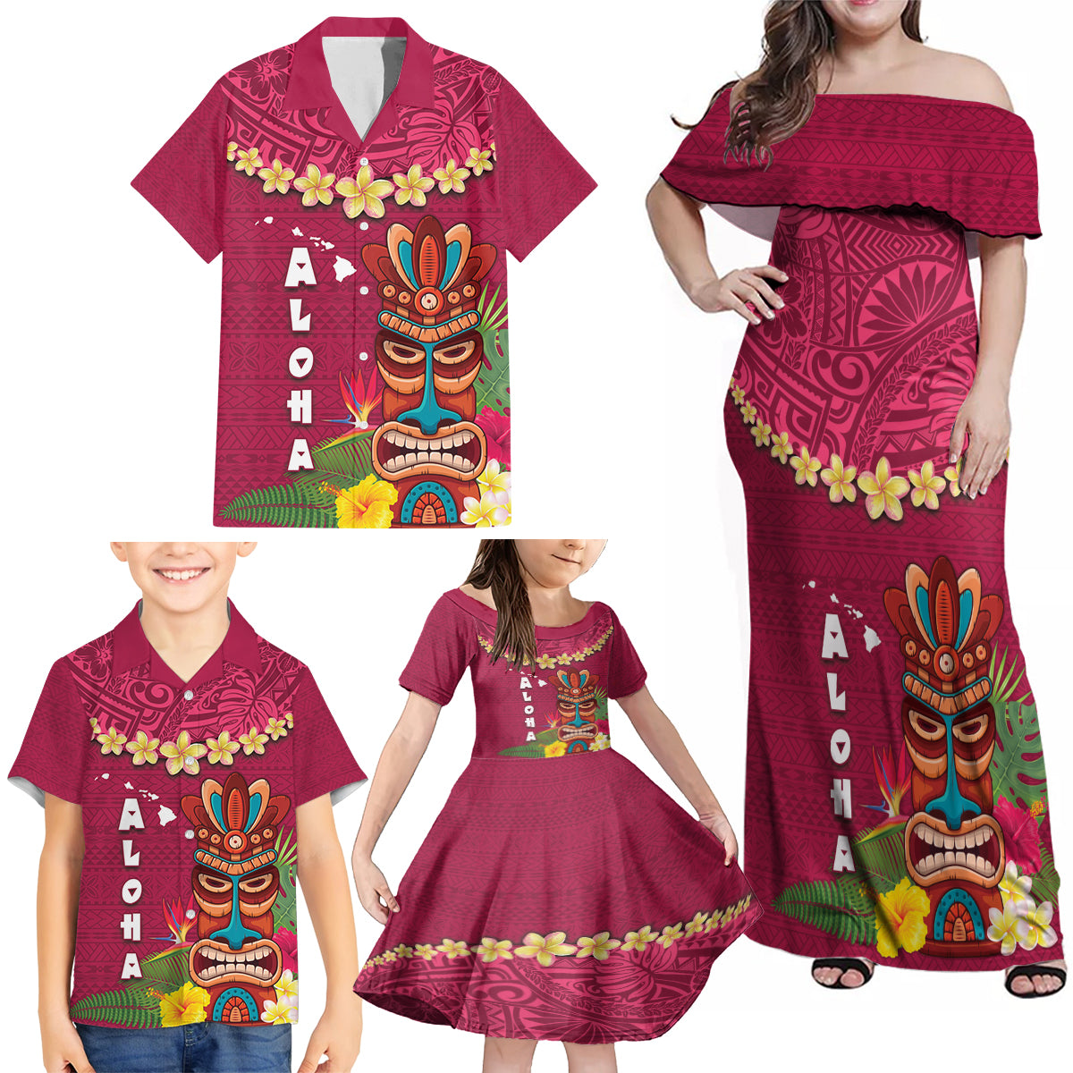 Hawaii Plumeria Lei Family Matching Off Shoulder Maxi Dress and Hawaiian Shirt Tiki and Kakau Pattern Pink Color LT03 - Polynesian Pride