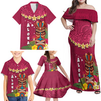 Hawaii Plumeria Lei Family Matching Off Shoulder Maxi Dress and Hawaiian Shirt Tiki and Kakau Pattern Pink Color LT03 - Polynesian Pride