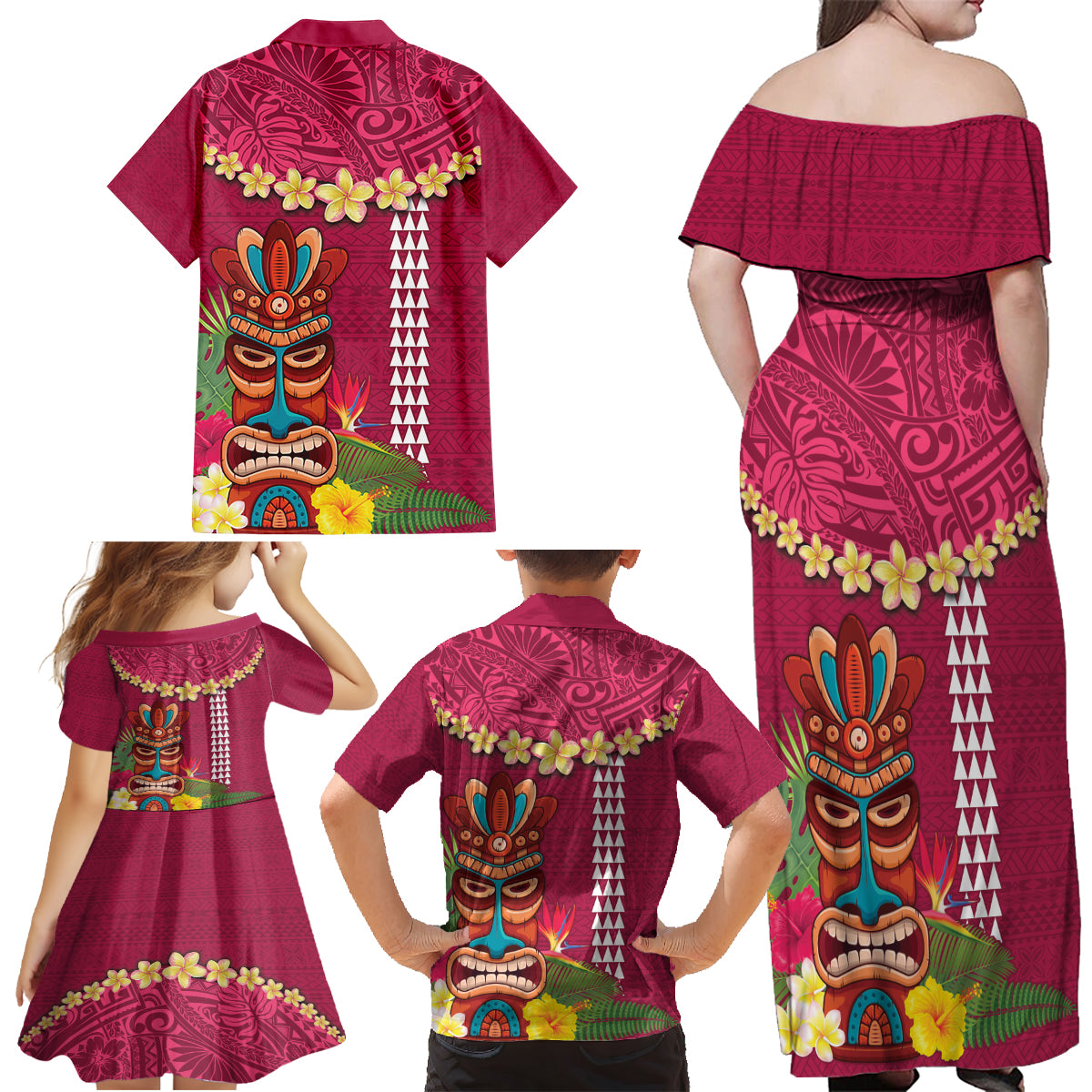 Hawaii Plumeria Lei Family Matching Off Shoulder Maxi Dress and Hawaiian Shirt Tiki and Kakau Pattern Pink Color LT03 - Polynesian Pride
