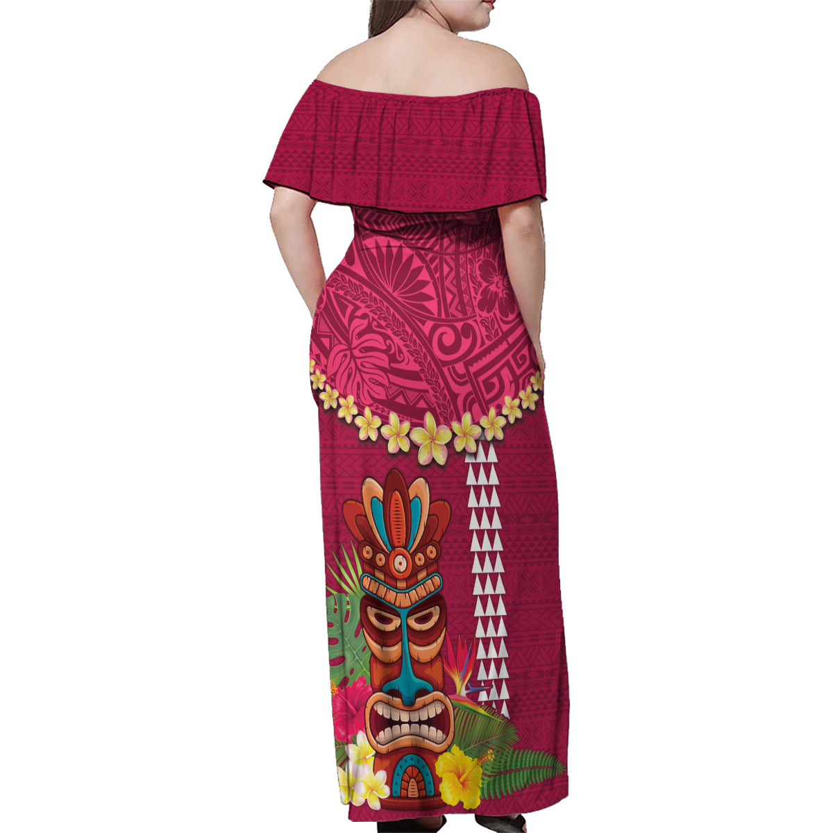Hawaii Plumeria Lei Family Matching Off Shoulder Maxi Dress and Hawaiian Shirt Tiki and Kakau Pattern Pink Color LT03 - Polynesian Pride