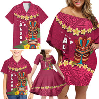 Hawaii Plumeria Lei Family Matching Off Shoulder Short Dress and Hawaiian Shirt Tiki and Kakau Pattern Pink Color LT03 - Polynesian Pride
