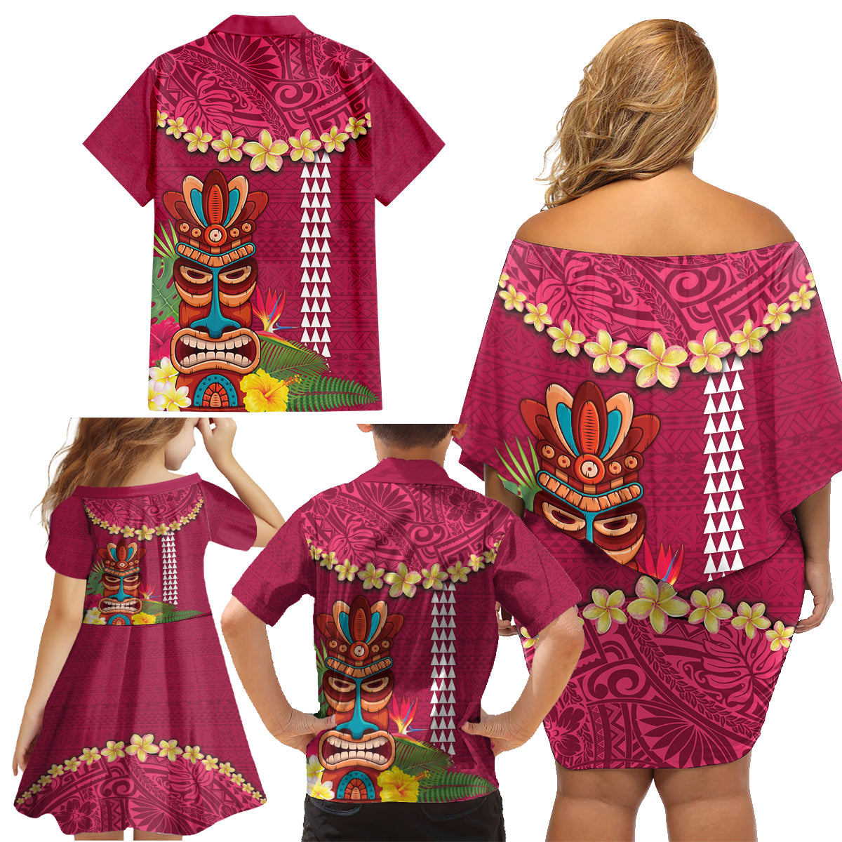 Hawaii Plumeria Lei Family Matching Off Shoulder Short Dress and Hawaiian Shirt Tiki and Kakau Pattern Pink Color LT03 - Polynesian Pride