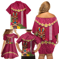 Hawaii Plumeria Lei Family Matching Off Shoulder Short Dress and Hawaiian Shirt Tiki and Kakau Pattern Pink Color LT03 - Polynesian Pride
