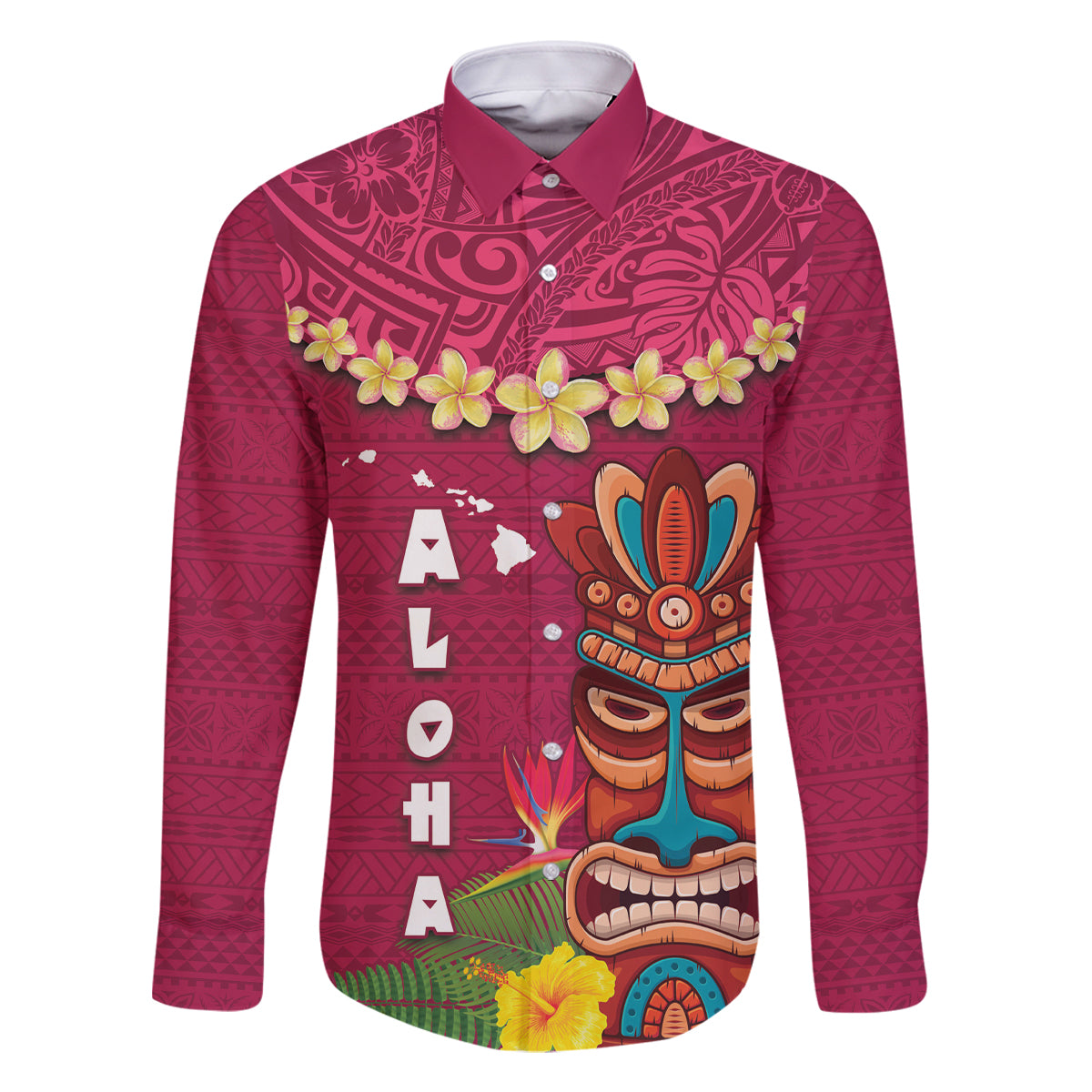 Hawaii Plumeria Lei Family Matching Off Shoulder Short Dress and Hawaiian Shirt Tiki and Kakau Pattern Pink Color LT03 Dad's Shirt - Long Sleeve Pink - Polynesian Pride