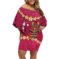 Hawaii Plumeria Lei Family Matching Off Shoulder Short Dress and Hawaiian Shirt Tiki and Kakau Pattern Pink Color LT03 Mom's Dress Pink - Polynesian Pride