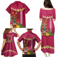Hawaii Plumeria Lei Family Matching Puletasi and Hawaiian Shirt Tiki and Kakau Pattern Pink Color LT03 - Polynesian Pride