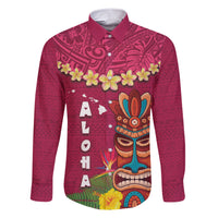 Hawaii Plumeria Lei Family Matching Short Sleeve Bodycon Dress and Hawaiian Shirt Tiki and Kakau Pattern Pink Color LT03 Dad's Shirt - Long Sleeve Pink - Polynesian Pride