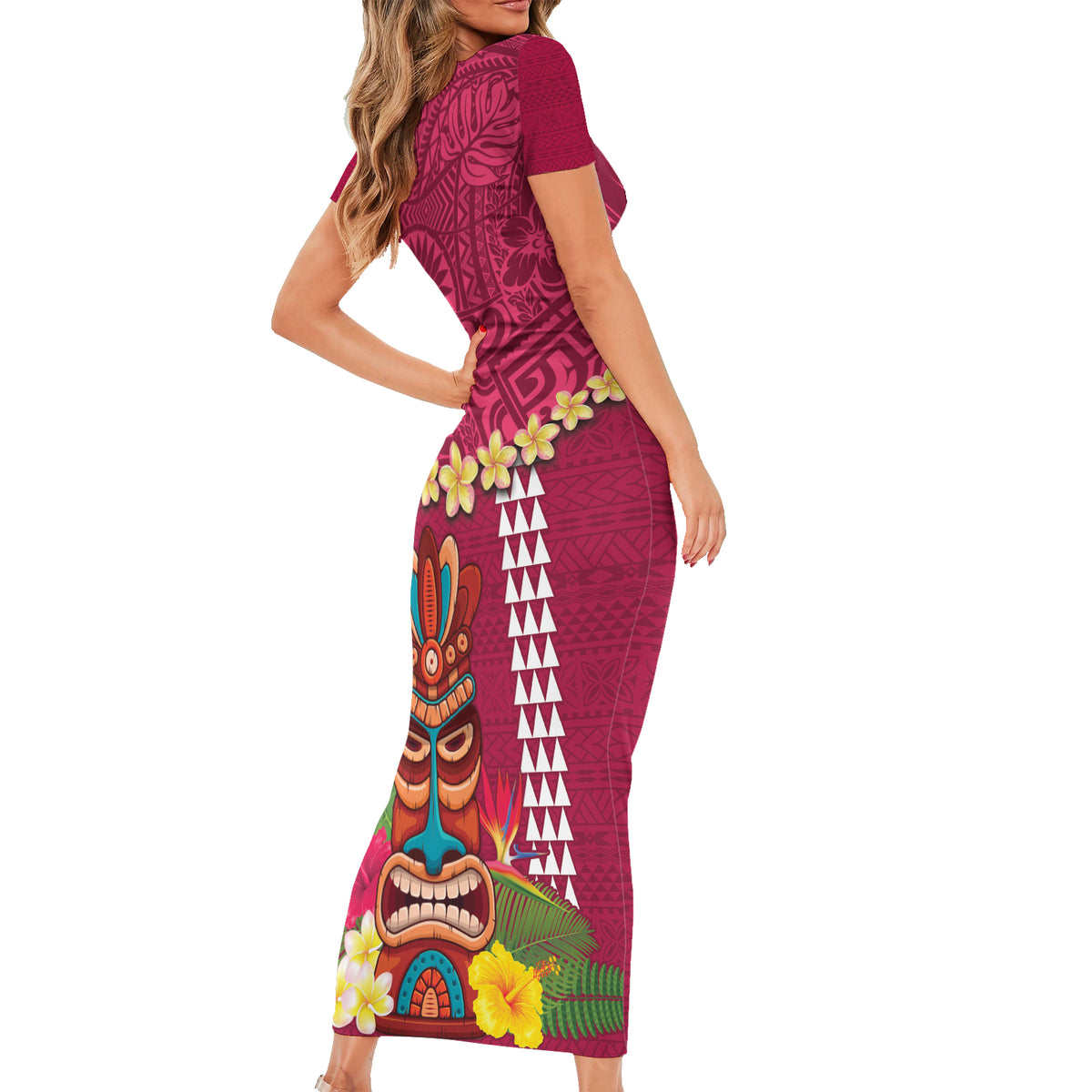 Hawaii Plumeria Lei Family Matching Short Sleeve Bodycon Dress and Hawaiian Shirt Tiki and Kakau Pattern Pink Color LT03 - Polynesian Pride