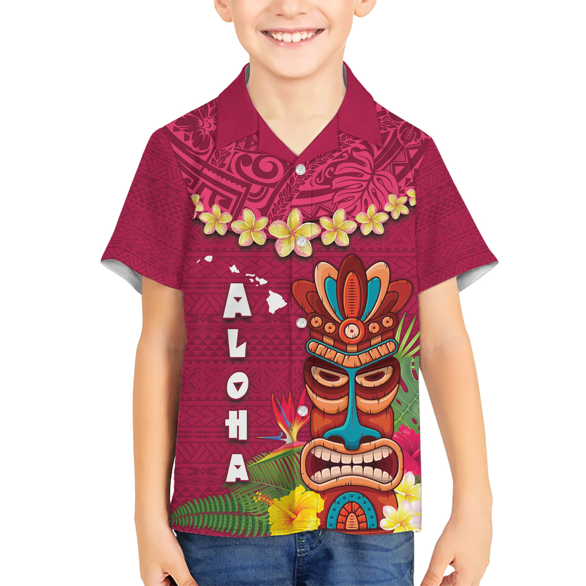 Hawaii Plumeria Lei Family Matching Short Sleeve Bodycon Dress and Hawaiian Shirt Tiki and Kakau Pattern Pink Color LT03 Son's Shirt Pink - Polynesian Pride