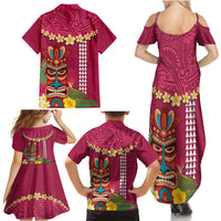 Hawaii Plumeria Lei Family Matching Summer Maxi Dress and Hawaiian Shirt Tiki and Kakau Pattern Pink Color LT03 - Polynesian Pride