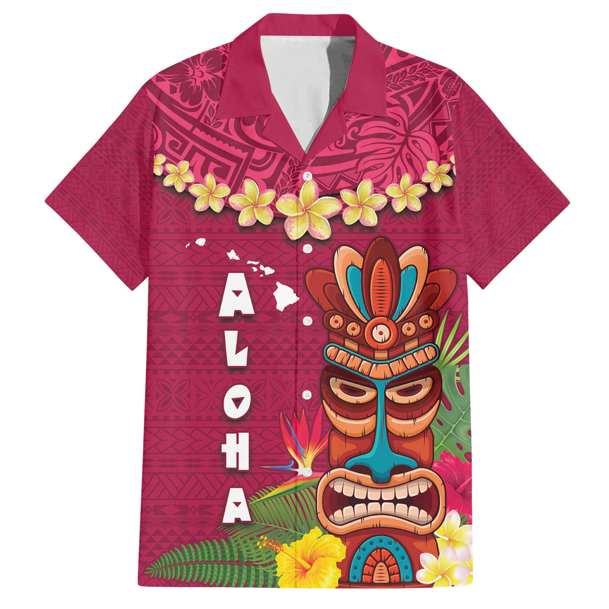 Hawaii Plumeria Lei Family Matching Summer Maxi Dress and Hawaiian Shirt Tiki and Kakau Pattern Pink Color LT03 Dad's Shirt - Short Sleeve Pink - Polynesian Pride